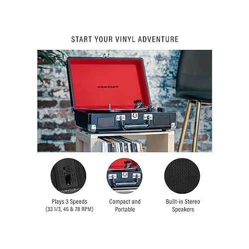 크로슬리 Crosley CR8005F-BK Cruiser Plus Vintage 3-Speed Bluetooth in/Out Suitcase Vinyl Record Player Turntable, Black/Red