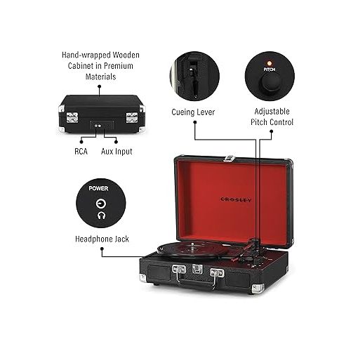 크로슬리 Crosley CR8005F-BK Cruiser Plus Vintage 3-Speed Bluetooth in/Out Suitcase Vinyl Record Player Turntable, Black/Red