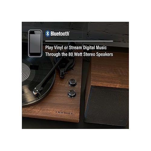 크로슬리 Crosley C62C Turntable HiFi System Record Player with Speakers, Adjustable Tonearm, Moving Magnet Cartridge, Bluetooth Receiver, 40W Per Channel, and Anti-Skate, Walnut