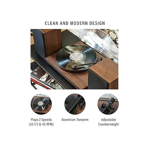 크로슬리 Crosley C62C Turntable HiFi System Record Player with Speakers, Adjustable Tonearm, Moving Magnet Cartridge, Bluetooth Receiver, 40W Per Channel, and Anti-Skate, Walnut