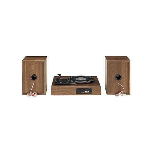 크로슬리 Crosley CR7019A-WA Alto 3-Speed Turntable Shelf System with Bluetooth, FM Radio, and Matching Stereo Speakers, Walnut