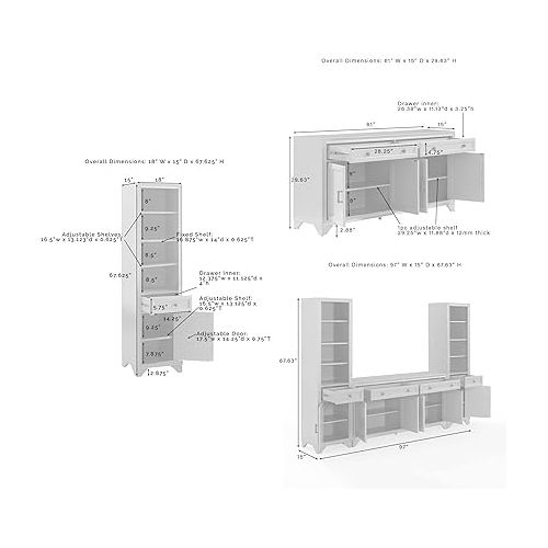 크로슬리 Crosley Furniture Tara 3-Piece Sideboard and Bookcase Set, Distressed White