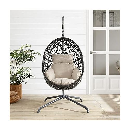 크로슬리 Crosley Furniture KO70231DB Calliope Indoor/Outdoor Wicker Hanging Egg Chair with Stand, Sand