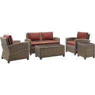 Crosley Furniture KO70050WB-SG Bradenton Outdoor Wicker 5-Piece Seating Set (Loveseat, 2 Arm Chairs, Side & Coffee Table), Weathered Brown with Sangria Cushions