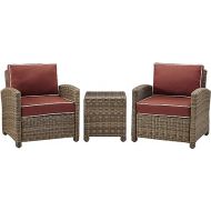 Crosley Furniture KO70052WB-SG Bradenton Outdoor Wicker 3-Piece Seating Set (2 Arm Chairs, Side Table), Weathered Brown with Sangria Cushions