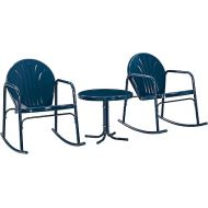 Crosley Furniture KO10020NV Griffith 3-Piece Retro Metal Outdoor Seating Set with Side Table and 2 Rocking Chairs, Navy Gloss