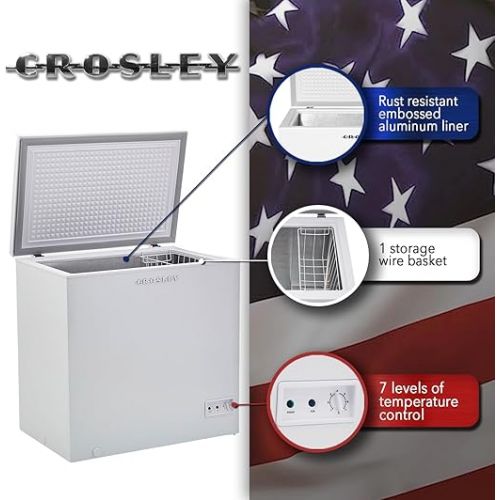 크로슬리 Crosley American Tribute 7cf Mini Deep Chest Freezer: Small & compact w/USA flag bunting outside lid. The best 4 garage, apartment, dorm, bar, bedroom, ice cream, frozen food & big family meat packs