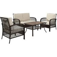 Crosley Furniture KO70037BR-SA Tribeca 4-Piece Outdoor Wicker Seating Set (Loveseat, 2 Arm Chairs, Coffee Table), Brown with Sand Cushions