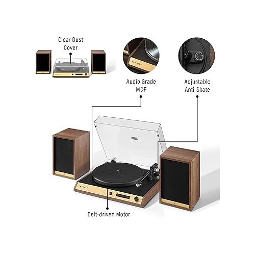 크로슬리 Crosley C72 2-Speed Belt-Drive Bluetooth Turntable Record Player with 80W Speakers and Carbon Fiber Tonearm, Walnut