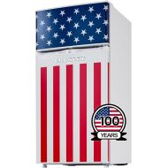 Crosley American Tribute 4.2 cuft Mini Fridge. Compact refrigerator with freezer for dorm, bedroom, apartment, room, office, bar, beverage, drink and beer. Small size 2-door patriotic flag bunting