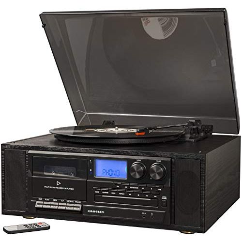 크로슬리 Crosley CR7010A-BK Ridgemont 3-Speed Turntable with Bluetooth, AM/FM Radio, CD Player, Cassette Deck, and Aux-in