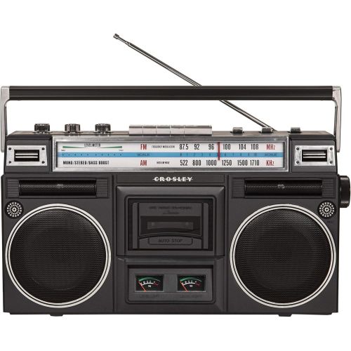 크로슬리 Crosley CT201A-BK Retro Bluetooth Boombox Cassette Player with AM/FM Radio and Bass Boost, Black
