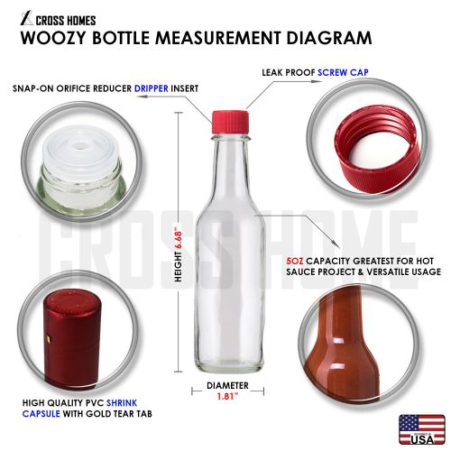  Cross Hot Sauce Woozy Bottles Empty 5 Oz Complete Sets of Premium Commercial Grade Clear Glass Dasher Bottle with Shrink Capsule, Leak Proof Screw Cap, Snap On Orifice Reducer Dripper In