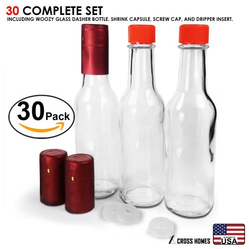  Cross Hot Sauce Woozy Bottles Empty 5 Oz Complete Sets of Premium Commercial Grade Clear Glass Dasher Bottle with Shrink Capsule, Leak Proof Screw Cap, Snap On Orifice Reducer Dripper In