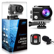 Crosstour - Camara de acciOEn 4K, 16 MP, WiFi, mando a distancia, impermeable, con micrOEfono externo, EIS antiparpadeo y 2 baterias recargables y accesorios