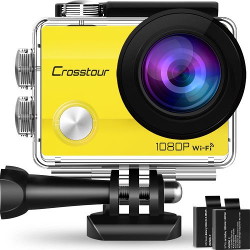  Crosstour Action Kamera 1080P WiFi Full HD Sports Cam 12MP 2 LCD Helmkamera Wasserdicht 170°Weitwinkel mit 2 1050mAh Batterien und Zubehoer Kits(Gelb) (ZG-CT7000-Y)
