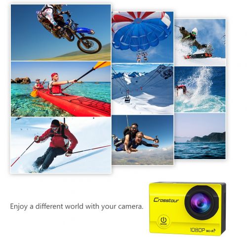  Crosstour Action Kamera 1080P WiFi Full HD Sports Cam 12MP 2 LCD Helmkamera Wasserdicht 170°Weitwinkel mit 2 1050mAh Batterien und Zubehoer Kits(Gelb) (ZG-CT7000-Y)