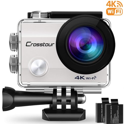  Crosstour Action Cam WiFi Sports Aktion Kamera 4K Ultra HD 2 LCD Unterwasserkamera 30M 170 °Ultra-Weitwinkel mit 2 1050mAh Batterien und Zubehoer-Kits fuer Radfahren(Silber)