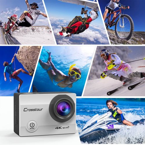  Crosstour Action Cam WiFi Sports Aktion Kamera 4K Ultra HD 2 LCD Unterwasserkamera 30M 170 °Ultra-Weitwinkel mit 2 1050mAh Batterien und Zubehoer-Kits fuer Radfahren(Silber)
