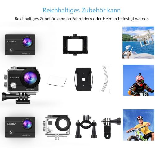  Crosstour Action Sport Cam Wifi 12MP Full HD Unterwasserkamera 2 LCD 170° Weitwinkelobjektiv Helmkamera mit 2 Akkus 1050mAh und Zubehoer Kits