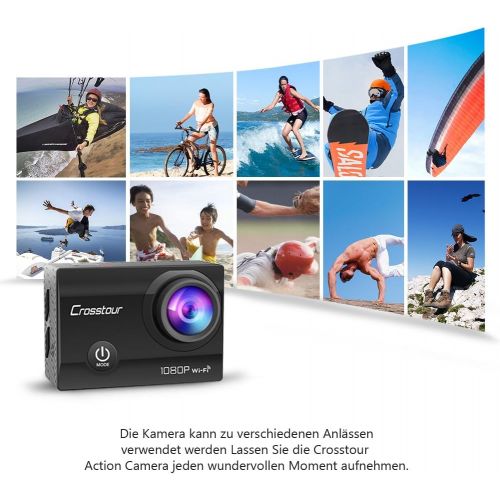  Crosstour Action Sport Cam Wifi 12MP Full HD Unterwasserkamera 2 LCD 170° Weitwinkelobjektiv Helmkamera mit 2 Akkus 1050mAh und Zubehoer Kits