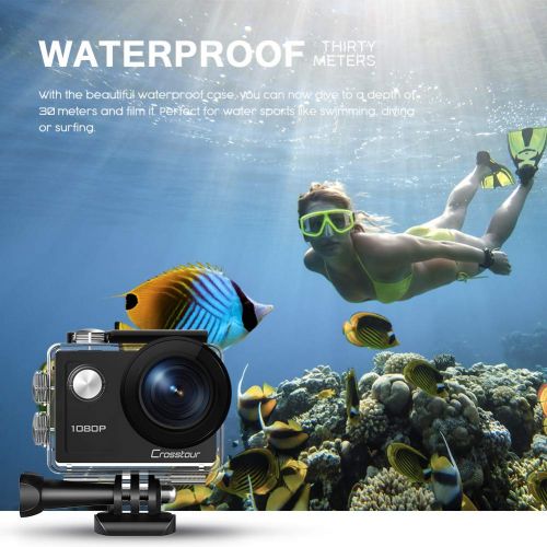  Crosstour Action Waterproof Camera 1080P Full HD 14MP Anti-Shake Time-Lapse Recording 170° Wide-Angle Helmet Camera for DivingSkiingSwimming with 20 Mounting Accessory Kits