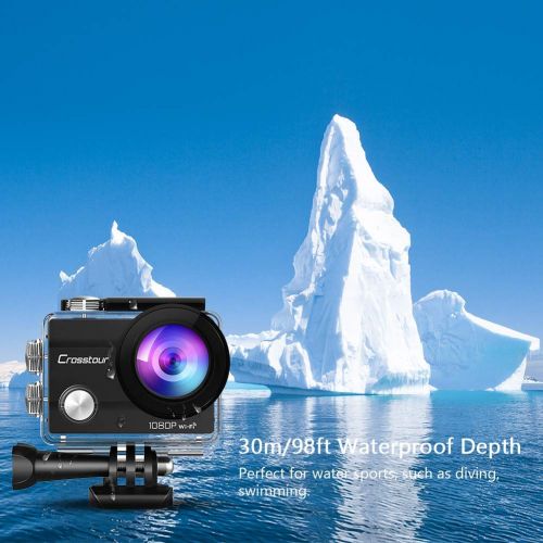  Crosstour Action Camera Underwater Cam WiFi 1080P Full HD 12MP Waterproof 30m 2 LCD 170 Degree Wide-Angle Sports Camera with 2 Rechargeable 1050mAh Batteries and Mounting Accessory