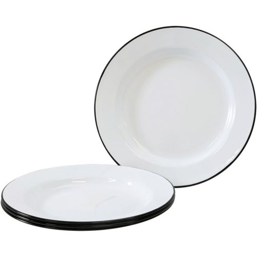  Crow Canyon Home Enamelware - Set of 4 - Dinner Plates - Solid White with Red Rim