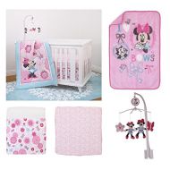 Crown Crafts 5 Pieces Disney Minnie Mouse Crib Bedding Musical Mobile and Plush Blanket Set