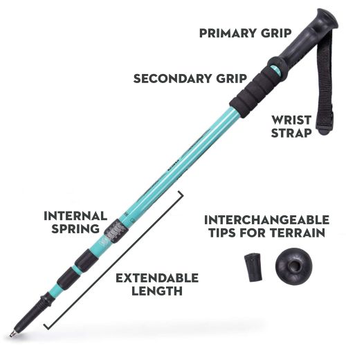  Crown Sporting Goods Trekking Pole & Walking Staff | Strong, Lightweight Aluminum | Extends up to 53 Collapses down to 23 | All-terrain: Interchangeable Carbonite Ice Pick Tip, Rubber Asphalt Tip, and