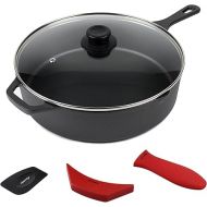 12-Inch Cast Iron Skillet Set (Pre-Seasoned - EXTRA DEEP Saute Pan), Including Large & Assist Silicone Hot Handle Holders, Glass Lid, Scraper | Indoor & Outdoor Use