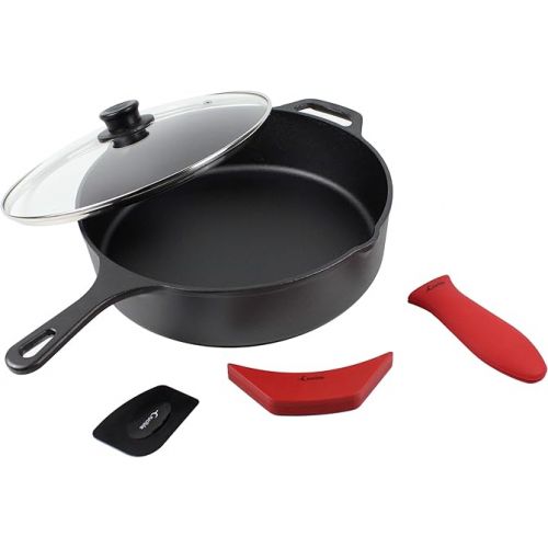  12-Inch Cast Iron Skillet Set (Pre-Seasoned - EXTRA DEEP Saute Pan), Including Large & Assist Silicone Hot Handle Holders, Glass Lid, Scraper | Indoor & Outdoor Use