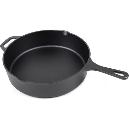  12-Inch Cast Iron Skillet Set (Pre-Seasoned - EXTRA DEEP Saute Pan), Including Large & Assist Silicone Hot Handle Holders, Glass Lid, Scraper | Indoor & Outdoor Use