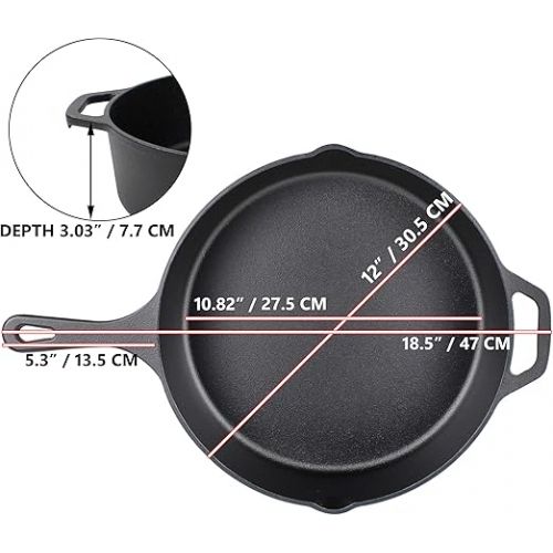  12-Inch Cast Iron Skillet Set (Pre-Seasoned - EXTRA DEEP Saute Pan), Including Large & Assist Silicone Hot Handle Holders, Glass Lid, Scraper | Indoor & Outdoor Use