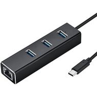 Crukee USB TYPE C Hub Adapter to 3 USB 3.0 Ports & Gigabit Ethernet RJ45 Port with Blue LED Light (Black Aluminium Alloy)