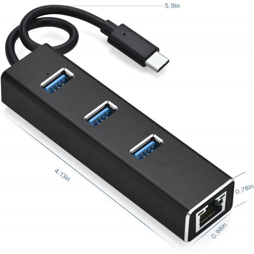  Crukee USB TYPE C Hub Adapter to 3 USB 3.0 Ports & Gigabit Ethernet RJ45 Port with Blue LED Light (Black Aluminium Alloy)