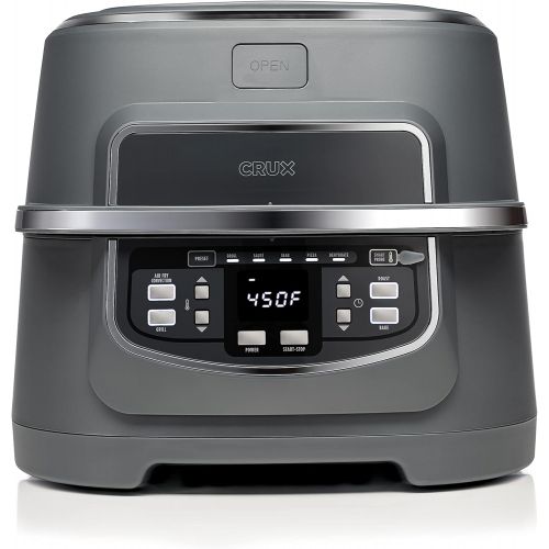  Crux Indoor Fast and Easy Grilling Roasting Baking Sauteing Searing and Oil Free Air Frying Recipe Book Included 12” x 12” Grill 9 QT Cook Pot Matte Gray Grill w/Air Fryer One Size