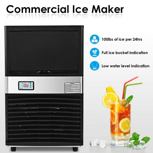  Crystal COSTWAY Commercial Ice Maker, 100LB/24H Stainless Steel Portable Freestanding Automatic Ice Machine Under Counter for Restaurants Bars Bubble Tea Store with Scooper (Silver+Black)