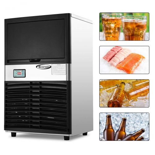  Crystal COSTWAY Commercial Ice Maker, 100LB/24H Stainless Steel Portable Freestanding Automatic Ice Machine Under Counter for Restaurants Bars Bubble Tea Store with Scooper (Silver+Black)