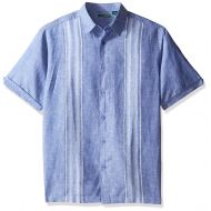Cubavera Mens Short Sleeve Linen-Blend No-Pocket Button-Down Shirt with Panels