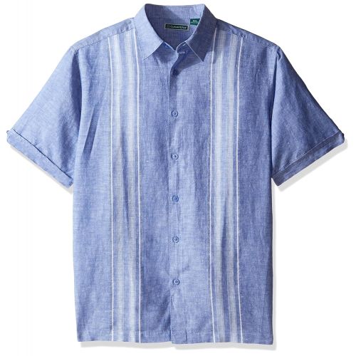  Cubavera Mens Short Sleeve Linen-Blend No-Pocket Button-Down Shirt with Panels
