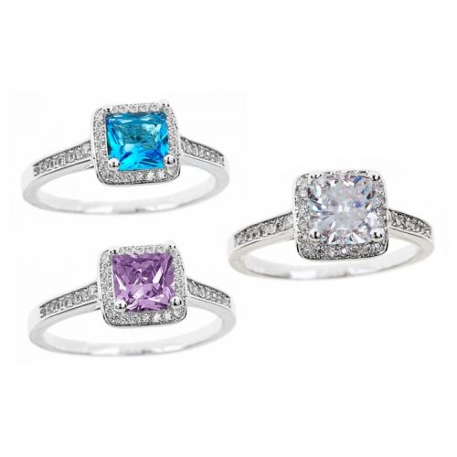 Cubic Zirconia Princess Cut Birthstone Halo Rings in 18K White Gold Plating by Mina Bloom