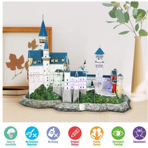  [아마존핫딜][아마존 핫딜] CubicFun 3D Neuschwanstein Castle Puzzles Germany LED Architectures Building Model Kits Toys for Adults Lighting Up in Night