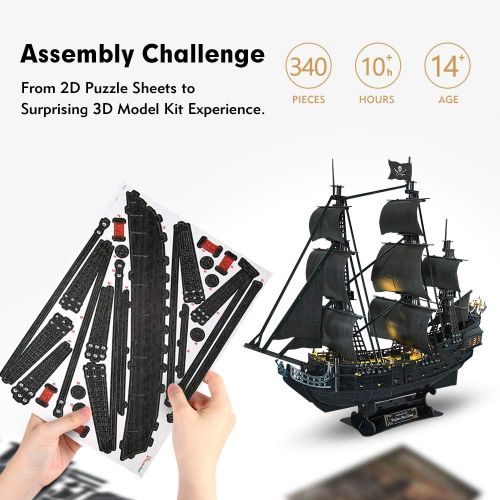  [아마존베스트]CubicFun 3D Puzzles Large LED Pirate Ship Sailboat Model Building Kits Toys, Queen Annes Revenge, 340 Pieces