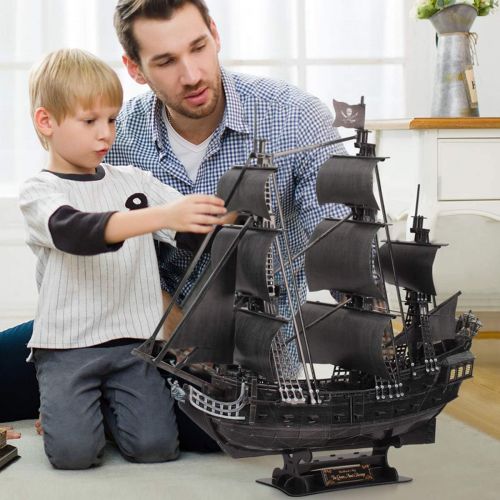  [아마존베스트]CubicFun 3D Puzzles Large LED Pirate Ship Sailboat Model Building Kits Toys, Queen Annes Revenge, 340 Pieces