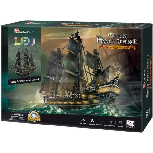  [아마존베스트]CubicFun 3D Puzzles Large LED Pirate Ship Sailboat Model Building Kits Toys, Queen Annes Revenge, 340 Pieces