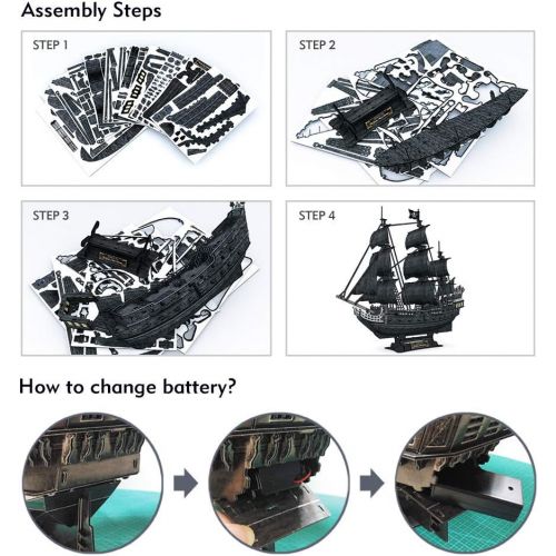  [아마존베스트]CubicFun 3D Puzzles Large LED Pirate Ship Sailboat Model Building Kits Toys, Queen Annes Revenge, 340 Pieces