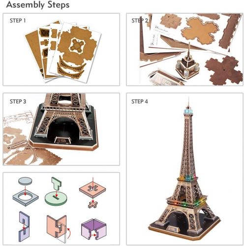  [아마존베스트]CubicFun 3D French Puzzles Paris LED Architecture Building Model Kits for Adults, Eiffel Tower Lighting Up in Night