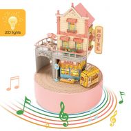 CubicFun Miniature Dollhouse DIY Music Box with LED Light Handmade Craft Kit, Holiday Town