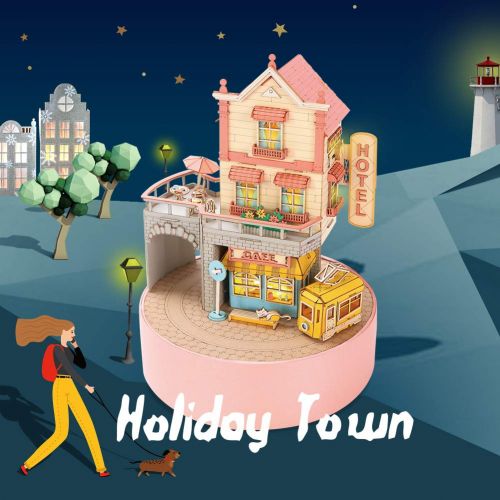  CubicFun Miniature Dollhouse DIY Music Box with LED Light Handmade Craft Kit, Holiday Town